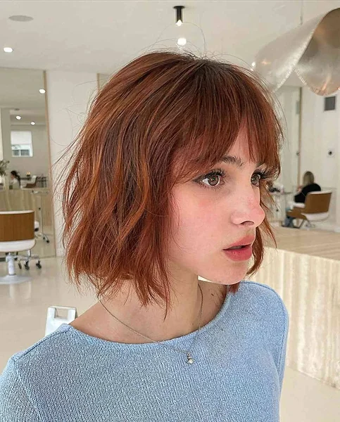 Textured Copper Bob with Choppy Layers and Bangs