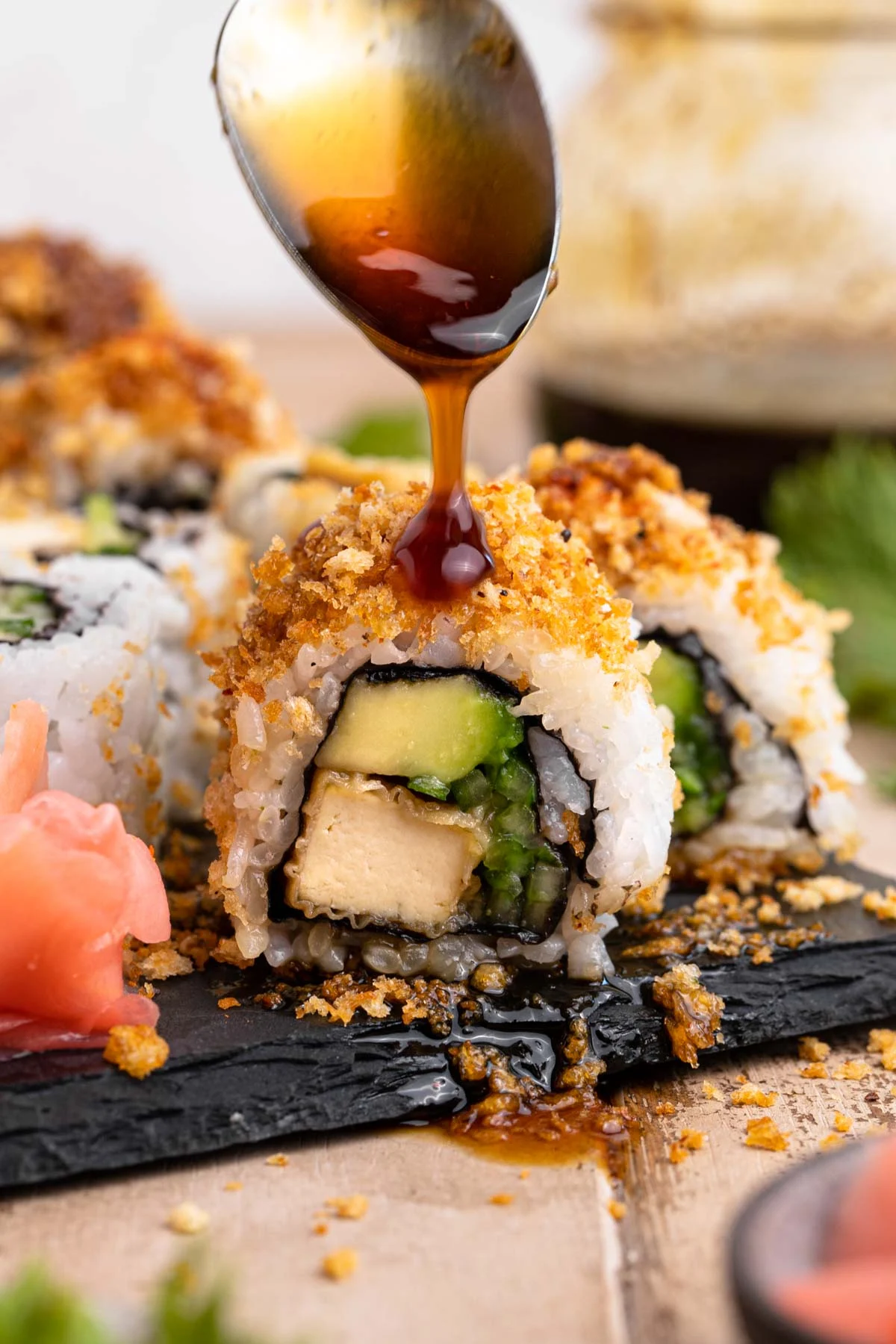Spicy Tofu Crunch Roll w/Teriyaki Sauce • Vegan Everytime