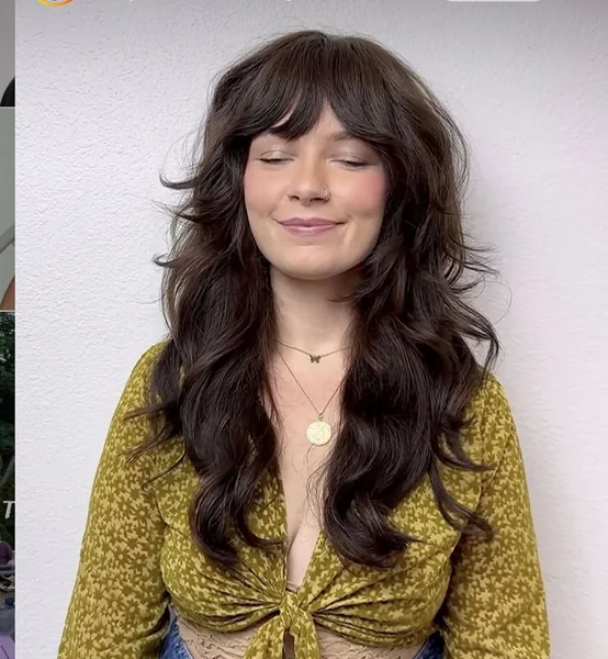 Tousled Dark Brown Medium Shag with Full Fringe