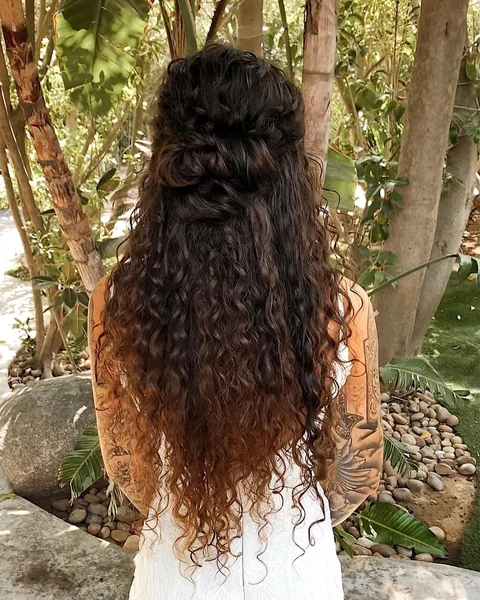 Voluminous Brunette Curls with Sparkling Silver Vine