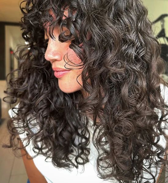 Voluminous Brunette Shag with Defined Spirals and Bangs
