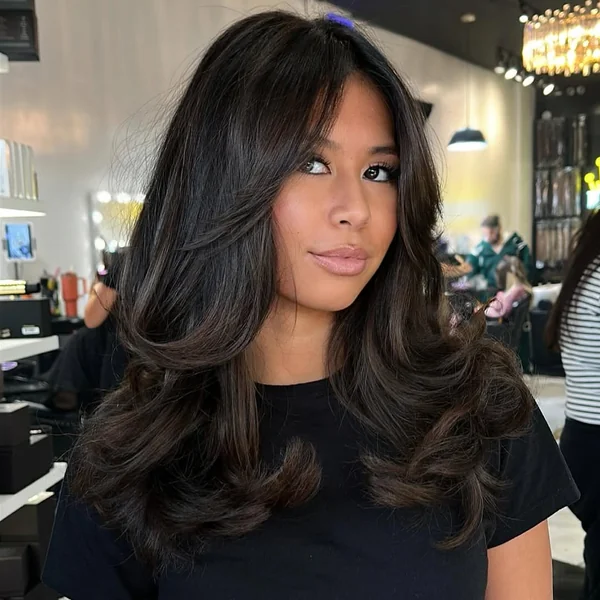Voluminous Espresso Butterfly Cut with Curtain Bangs