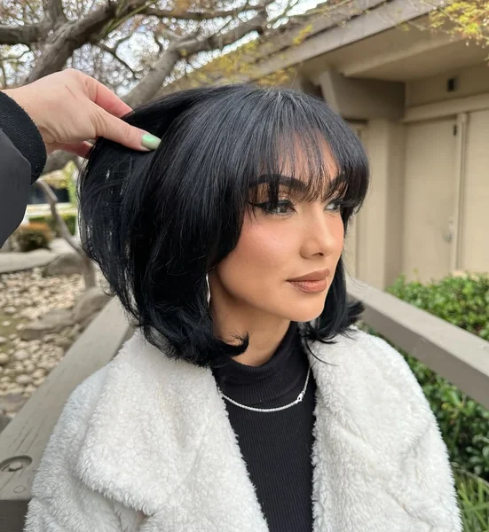 Voluminous Midnight Black Lob with Wispy Fringe