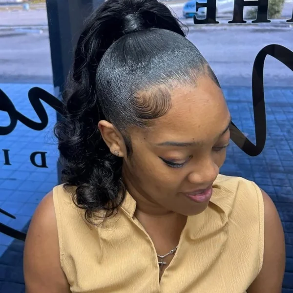 Voluminous Wavy High Ponytail with Snatched Edges