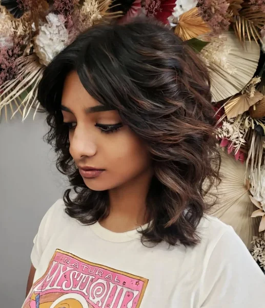 Wavy Textured Butterfly Lob with Caramel Highlights