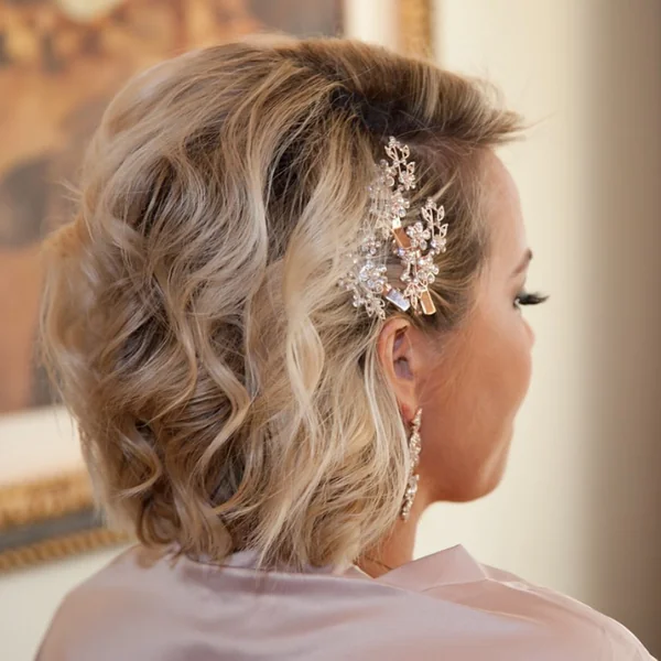 Wavy Blonde Bob with Sparkling Floral Hairpiece