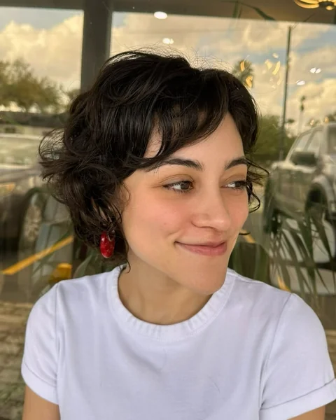Wavy Brunette Long Pixie with Effortless Volume