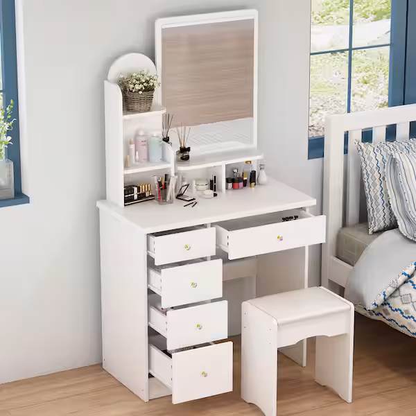 White Makeup Vanity Table with Mirror, 5 Drawers and Pakistan | Ubuy